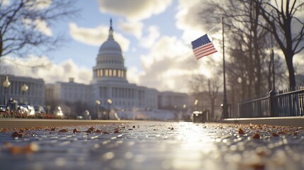 U s capitol building is seen in background. Flag of united states on capitol. President of the republic of democratic 2024 in the presidential election. The u. s. capitol lifestyle building is.
