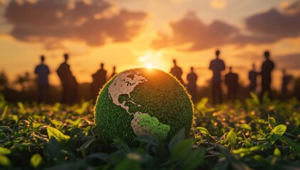 Sunset Silhouette of People with a Grassy Globe Representing Global Environmentalism