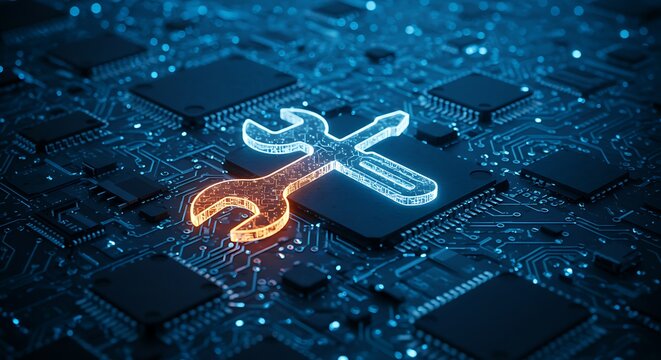 Wrench and Screwdriver Icon on Computer Circuit Board Technology Repair