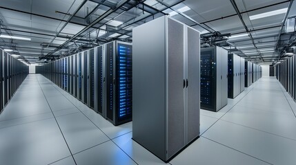 A large room with many servers. Information storage data center. Digital center hosting a conference. A spacious room filled with lifestyle numerous servers.