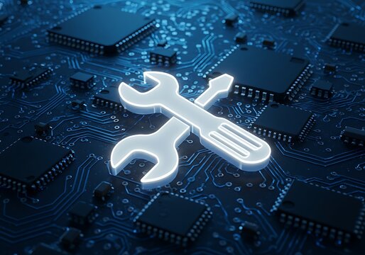 Wrench and Screwdriver on Circuit Board Representing Technical Service