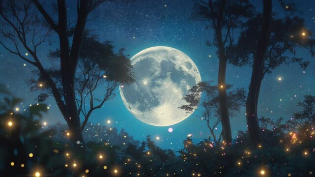 Magical Full Moon in a Starry Night Forest with Fireflies. Seamless looping 4K video animation background