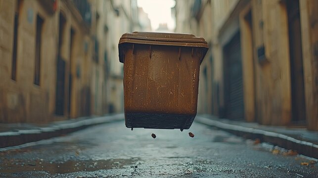 A floating trash bin in a narrow, rain-soaked alleyway, evoking a surreal urban atmosphere