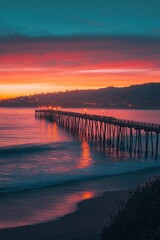 A serene pier stretching out into a sunset-lit ocean