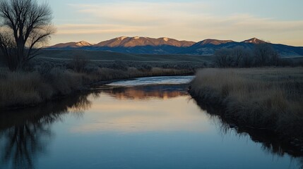Fototapeta premium A serene river reflecting the silhouette of mountains in the distance