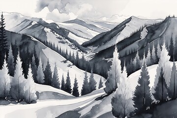 Contemporary Watercolor Landscape Design Featuring Winding Ridges and Aspen Trees in Gray Shades