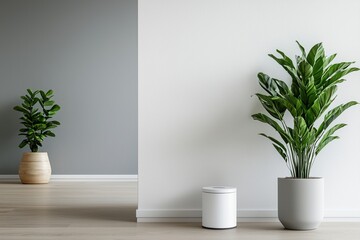 Fototapeta premium Smart Home Security Concepts. Green indoor plants in stylish pots against minimalistic walls.
