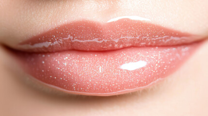Glossy and shimmering lips with dewy finish, showcasing smoothness and allure