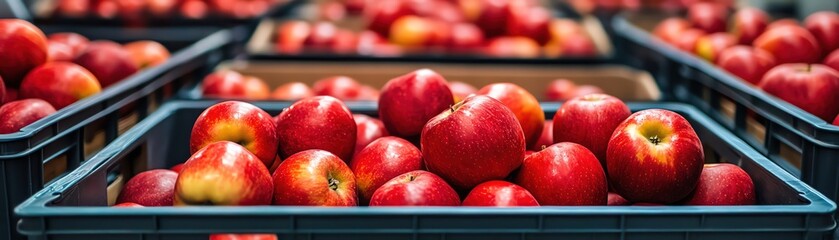 Crates of red apples in a large warehouse, neatly stacked, bright and fresh