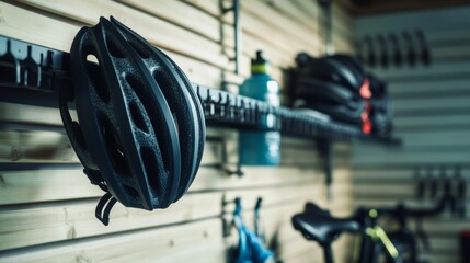 Neatly arranged cycling gear on a rack in a garage, emphasizing readiness and fitness. Ideal for sports and cycling content.