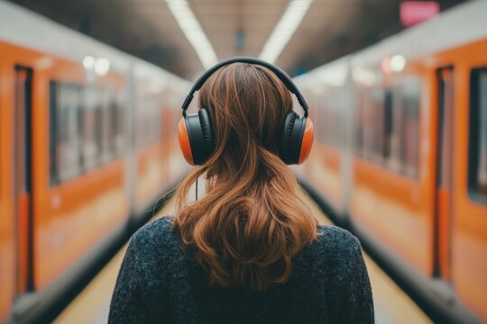Perempuan menikmati musik dengan mata tertutup pada headphone di stasiun kereta bawah tanah with generative ai