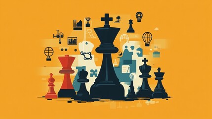 Business strategy and planning with chess pieces on yellow background