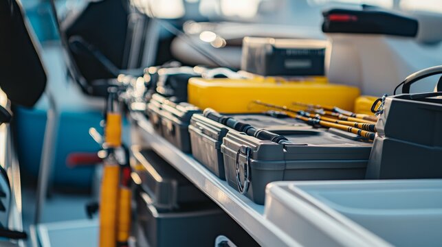 Minimalist fishing rod and tackle box setup on a boat deck, emphasizing sport and preparation for a fishing trip. Ideal for sports and leisure content.