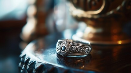 Ancient ring on wooden table. A platinum png. A silver ring with a diamond ring. Old ring resting on a lifestyle wooden table.
