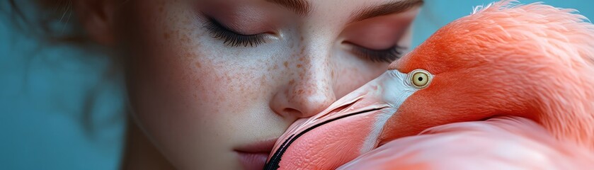 Fototapeta premium Elegant woman with pink flamingo, soft lighting, blue background, serene mood