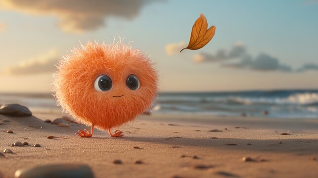 Whimsical orange fuzzball enjoys a peaceful stroll along a sandy shore