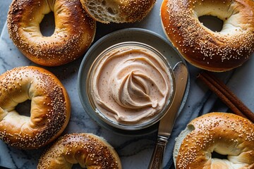 Delicious Maple Cinnamon Cream Spread on a Bagel Slice in a High-Overhead View