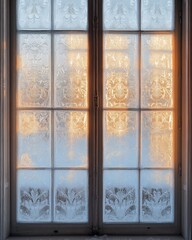 A serene view of frost-covered windows, with intricate patterns illuminated by morning light