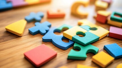 Clean setup of a puzzle game with colorful blocks on a wooden table, highlighting fun and creativity. Ideal for leisure and educational content.