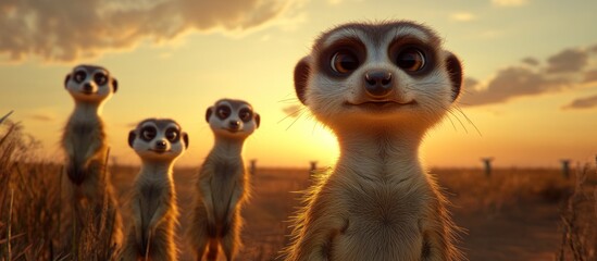 Fototapeta premium Adorable Meerkats at Sunset: A heartwarming scene of meerkats in the African savanna during golden hour.