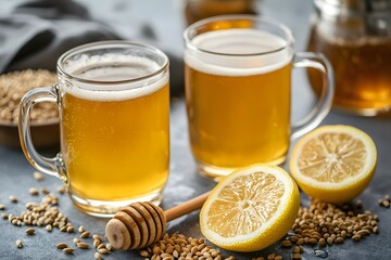 Honey Lemon Wheatgrass Juice: A close-up view of a refreshing wheatgrass juice drink, with the vibrant green juice in two glass mugs, accompanied by lemon wedges.
