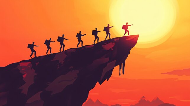 Blindly following leader over cliff edge business concept