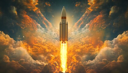 Obraz premium A rocket soaring into space, representing success, ambition, and the power of a new beginning, with fiery propulsion and expansive skies