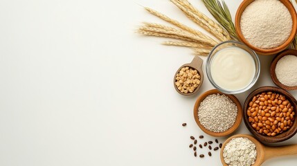 Variety of Grains and Cereals in Bowls on White Background