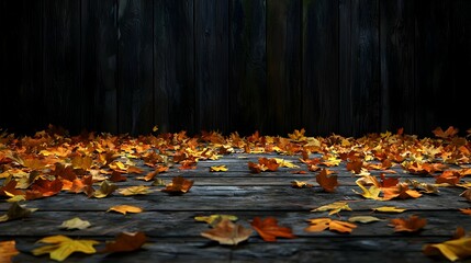 Obraz premium Autumn Leaves On Dark Wooden Floor