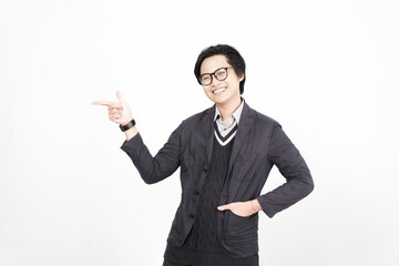 Smiling face Presenting and pointing side with forefinger on copyspace for advertising Of Handsome Asian Man Isolated On White Background