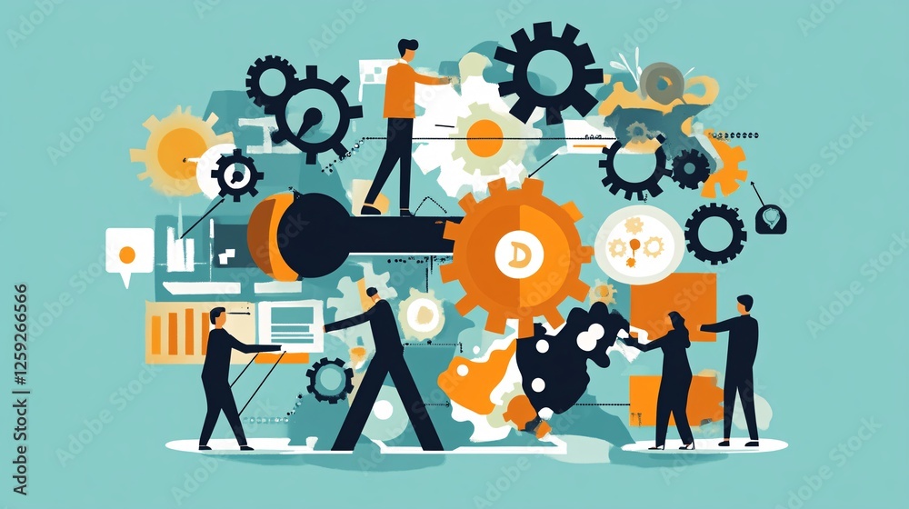 Poster business people working together building a business mechanism with gears and cogs