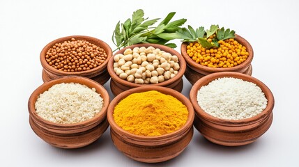 Variety of Grains and Legumes in Terracotta Bowls