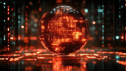 Futuristic digital globe surrounded by glowing data streams in a high-tech environment