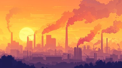 Fototapeta premium Industrial pollution crisis urban city digital art sunset panoramic view environmental awareness