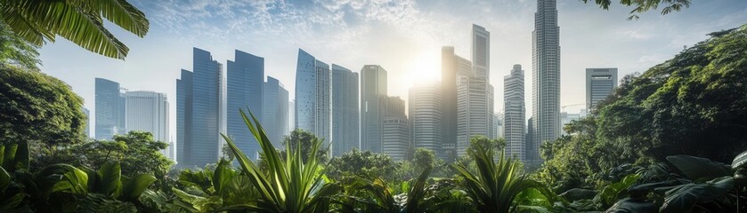 Capture the flourishing ecosystem of a bustling cityscape with grand skyscrapers