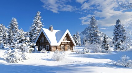 Cozy Log Cabin Surrounded by Winter Wonderland in Snow-Covered Landscape with Trees and Mountains in Background