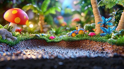 Miniature tropical scene; toy tractor, mushrooms, path