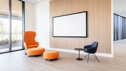 Modern office interior featuring stylish orange and blue seating with a minimalist design