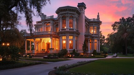 Fototapeta premium Elegant Victorian Mansion at Sunset Glowing Warmly