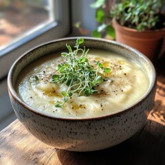 Creamy Potato Soup with Fresh Herbs in Natural Light Setting