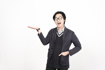 Shocked face Showing and Presenting Product on Open Palm Of Handsome Asian Man Isolated On White Background