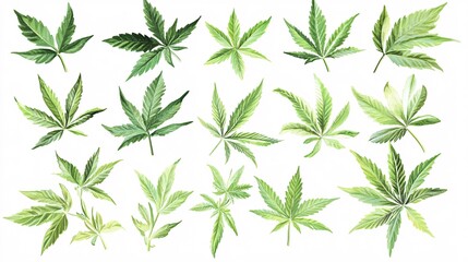 Obraz premium Watercolor set of green cannabis leaves showing different shapes