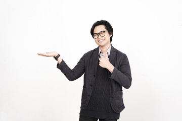 Smiling Showing and Presenting Product on Open Palm with Thumbs up Of Handsome Asian Man Isolated On White Background