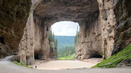Fototapeta premium Natural arch cave, scenic valley view, tourists exploring, summer landscape, travel photography