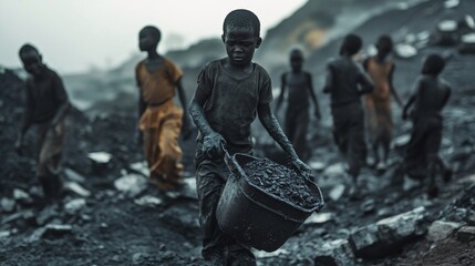 Young african miner carrying heavy bucket in coal mine with other miners walking
