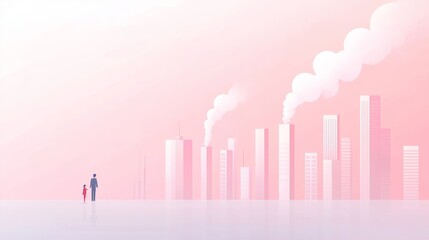 Obraz premium Urban exploration father and child walk amidst smoke-stacked cityscape digital art modern environment emotional connection