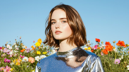 Naklejka premium young woman with shiny top stands in vibrant flower field, exuding confidence and beauty