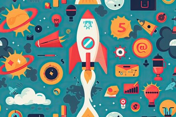 Rocket Launching Amidst Icons Representing Innovation and Growth