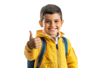 Smiling school boy giving a thumbs up isolated on white or transparent, PNG