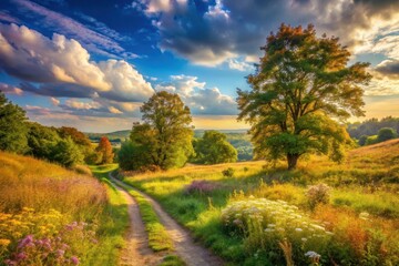 Obraz premium Serene Countryside Path Winding Through Lush Meadows and Towering Trees Under a Dramatic Sky